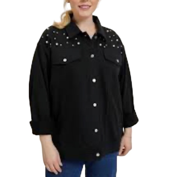 NEW Quacker Factory black jean jacket size 2X bling sequins stars rhinestones - Picture 1 of 8